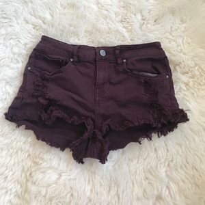 Burgundy Distressed Denim Shorts